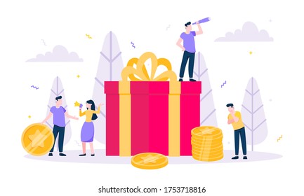 Online reward flat style design vector illustration business concept. Big gift box and tiny people standing up and shouting out to the people. Presents for new costomers and refer a friends.