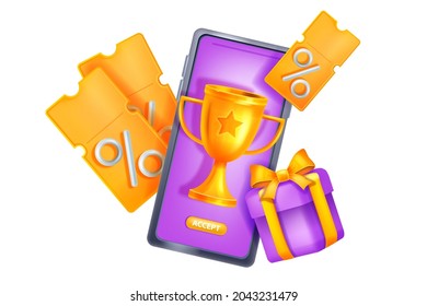 Concepto de vector de regalo de recompensa en línea, concepto de premio del programa de fidelidad de bonos 3D, pantalla de smartphone, copa dorada. Cupón de cliente de venta, cupón virtual, presente, premio de aplicación móvil. Sorpresa de recompensa en línea