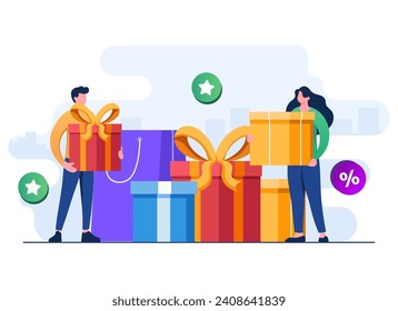 Online reward and gifts, Happy people receive gift boxes, Referral program concept flat illustration vector template