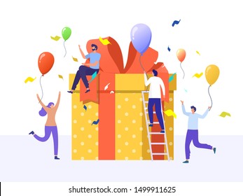 online reward , Group of happy people receive a gift box vector illustration concept,  digital referral program, can use for, landing page, template, ui, web, homepage, poster, banner, flyer, coupon