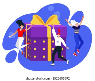 online reward. group of happy people receive a gift box vector illustration concept, digital referral program, can use for landing page template, ui, web, homepage, poster, banner, flyer, coupon