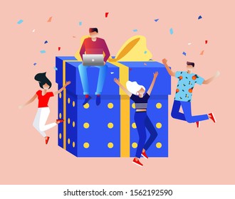 online reward , Group of happy people receive a gift box vector illustration concept, digital referral program, can use for landing page template, ui, web, homepage, poster, banner, flyer, coupon