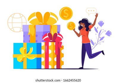 Online reward , Group of happy people receive a gift box, Vector illustration for web banner, infographics, mobile digital referral program, golden coins