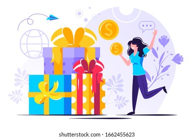 Online reward , Group of happy people receive a gift box, Vector illustration for web banner, infographics, mobile digital referral program, golden coins