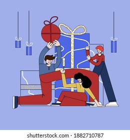 online reward , Group of happy people receive a gift box vector illustration concept, digital referral program. Can use for landing page, template, ui, web homepage, poster or banner, flyer, coupon.