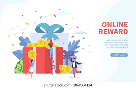 Online Reward Landing Page. Tiny People Receives Different Gift Boxes And Gold Coins For Good Job Corporate Offer, Digital Referral Program Web Banner. Loyalty Program And Bonus Flat Vector Concept