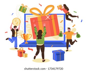 Online reward. Man and women won a big gift box. Big laptop with gift box. Referral and reward program. Vector isolated illustration