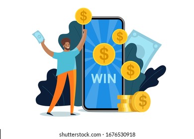 Online Reward on your phone. Happy African man rejoices in winning an online win. Big smartphone with money and dollars. Vector stock flat illustration isolated on white background. Win the money.