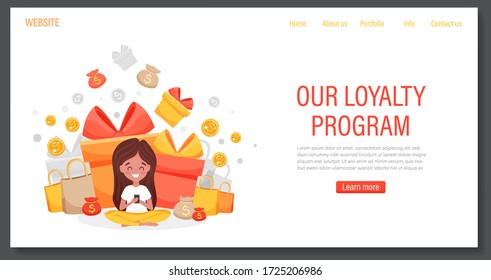 Online reward program banner with girl or happy woman receive gift box and dollars. Landing page, template, ui, web, homepage, poster, banner, flyer, coupon. Flat cartoon vector illustration