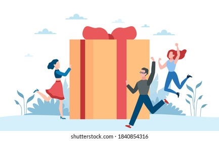 Online Reward. Receive Gift, Customers Congratulations Win Prize And Award Ceremony, Tiny Happy Jumping People And Huge Box With Ribbon And Bow, Loyalty Program And Bonus Flat Vector Cartoon Concept