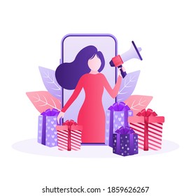 Online reward Vector flat design. Flat isometric vector illustration. Group of happy people receive a gift box illustration concept.