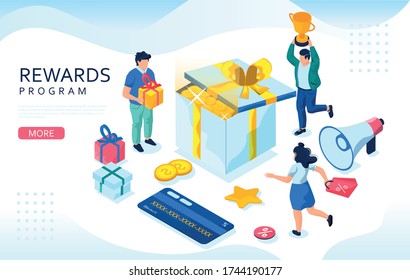 Online Rewards Isometric Concept. Web Retail Customers, Gift Boxes And Bonus Card.  Concept Of Loyalty Program, Bonus Or Reward.