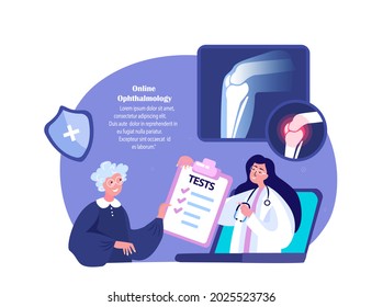 Online Rheumatologist Traumatologist Orthopedist Doctor Consultate Old Retired Woman Patient.Pain in Knee Joint. Pensioner Arthoplasty,Osteoarthritis Inflammation.Digital Hospital.nVector Illustration