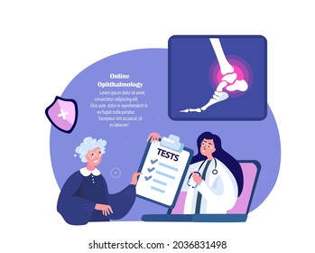 Online Rheumatologist Traumatologist Orthopedist Doctor Consultate Old Retired Woman Patient.Ankle Joint Pain,foot arthritis.Pensioner Arthoplasty Inflammation.Digital Hospital.Vector Illustration