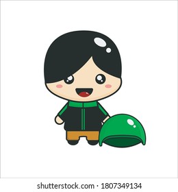 Online Rider Or Driver Vector Illustration Wearing Green Jacket And Helmet. With White Background.