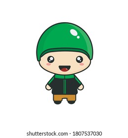 Online Rider Or Driver Vector Illustration Wearing Green Jacket And Helmet. With White Background.