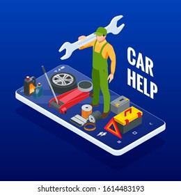 Online roadside assistance. Automobile repair service, Road accident, Car trouble. Broken Car and Emergency Services.