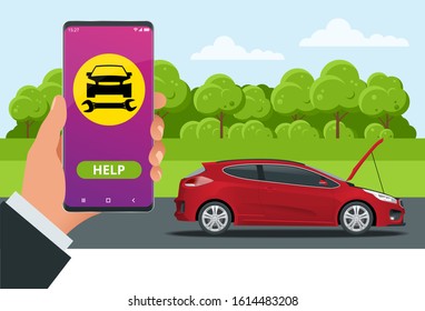 Online roadside assistance. Automobile repair service, Road accident, Car trouble. Broken Car and Emergency Services.