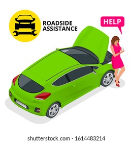 Online roadside assistance. Automobile repair service, Road accident, Car trouble. Broken Car and Emergency Services.