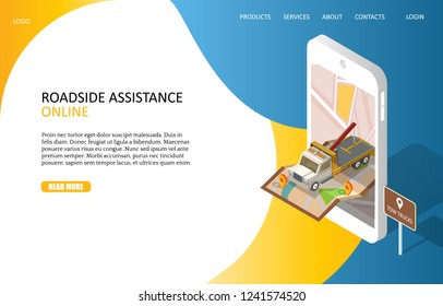 Online roadside assistance landing page website template. Vector isometric smartphone with map and tow truck evacuator. Car towing service mobile app.