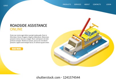Online roadside assistance landing page website template. Vector isometric smartphone with yellow car on tow truck evacuator. Car towing service mobile app.