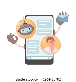 Online robotic assistance vector flat illustration. Young man chatting with robot in mobile application. Support service, automatic assistant. Artificial Intelligence and online support concept.