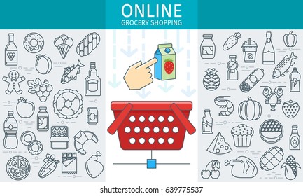 Online rocery store banner. Design template with flat line icons of food products. Vector illustration