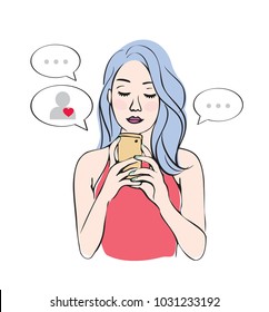 Online romance through Dating App
Beautiful young woman holding cellphone with speech bubbles around. Online dating, virtual romance. Isolated vector illustration