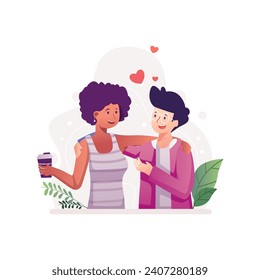 Online Romantic Couple Valentine Concept. Online communication, interracial friendships, social media dating couples, bloggers filming content to go online on video channels. 