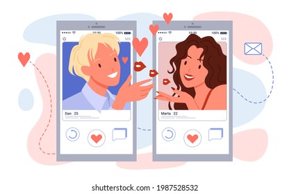 Online romantic dating app users chatting in social media, speech chat bubbles on phones