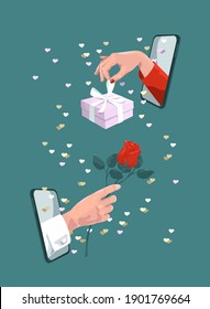 online romantic gift, message, dating and communication concept valentines day, social distancing with COVID-19 crisis. Hand from mobiles with present and rose.  Love at distance.Virtual date.