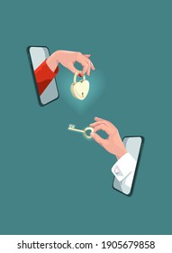 online romantic gift, message, dating and communication concept valentines day, social distancing with COVID-19 crisis.Hands from mobiles with padlock heart and key.Love at distance.Virtual date.