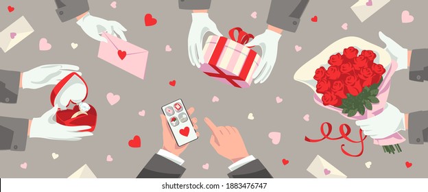  online romantic gifts ordering and delivery service in Valentines day Hands holding mobile phone for order gift, hands deliver gift box, romantic lettre, bouquet of red roses, a ring with a diamond
