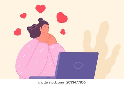 Online romantic. Girl at laptop in love, web dating service character. Cute young woman loving computer or social networks utter vector scene