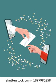 online romantic message, dating and communication concept valentines day, social distancing with COVID-19 crisis. Hand from mobiles with letter.  Love at distance.Virtual date.