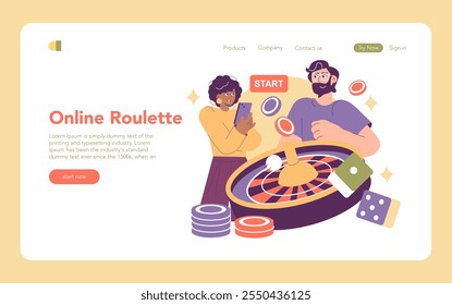Online Roulette concept. Two people engage in a digital roulette game, showcasing the excitement of virtual betting. Casual gaming experience at your fingertips. Vector illustration.