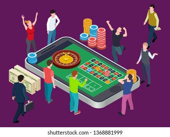 Online roulette table and people. Casino isometric vector concept