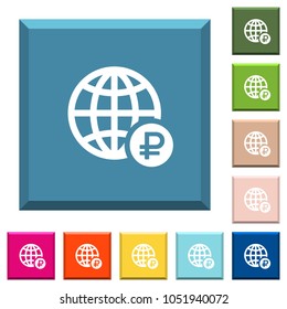 Online Ruble payment white icons on edged square buttons in various trendy colors