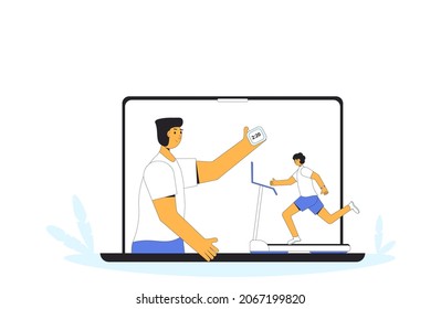 Online running with coach.  Running man on treadmill at home. Fight against hypodynamia. Vector illustration.