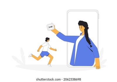 Online running with coach.  Runner on treadmill at home. Fight against hypodynamia. Vector illustration.
