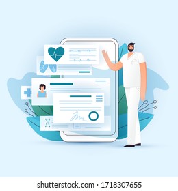 Online RX Medical Prescription and medic check up on smartphone, vector illustration. Doctor showing app on phone with prescriptions, medical test and diagnosis for patient. Online medicine concept