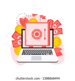 Online safe box with money saving dollar coins. Finance concept	