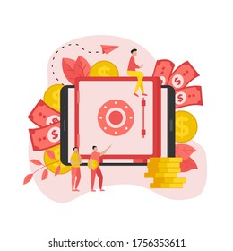 Online safe box with money saving dollar coins. Finance concept	
