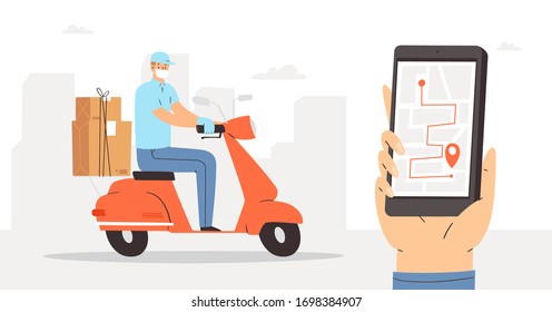 Online safe delivery concept design. Courier on moped in medical mask and gloves, delivers the package, parcel or food during quarantine. Coronavirus Contact free 24/7 delivery service. Mobile app