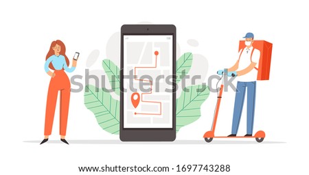 Online safe delivery concept design. Courier on scooter in medical mask and gloves, delivers the package, parcel or food during quarantine. Coronavirus Contact free 24/7 delivery service. Mobile app