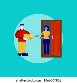 Online safe delivery. Courier in medical protective mask and gloves giving parcel to a young woman on quarantine. Stay at home, online order via app or foot orders concept. Flat vector illustration