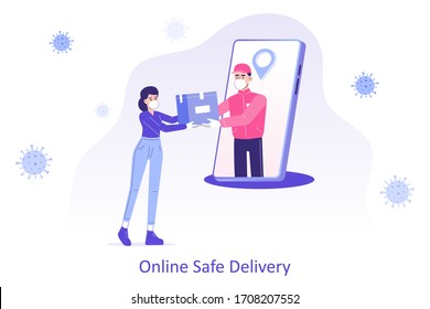Online safe delivery service concept. Young courier man with medical mask popping from smartphone delivering a package or box to woman during coronavirus (COVID-19) quarantine. Vector illustration