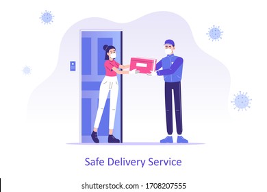Online safe delivery service concept. Young courier man with medical mask delivering a package or box to woman during coronavirus (COVID-19) quarantine. Doorstep delivery to home. Vector illustration