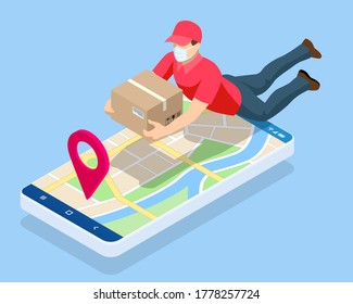 Online Safe food delivery during coronavirus epidemic. Delivery home and office. Isometric Delivery man or courier in a medical mask and gloves delivering to customer at home.