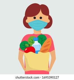 online safe ordering service. Grocery courier delivery. Delivery to the home of customer with mask, vector illustration.